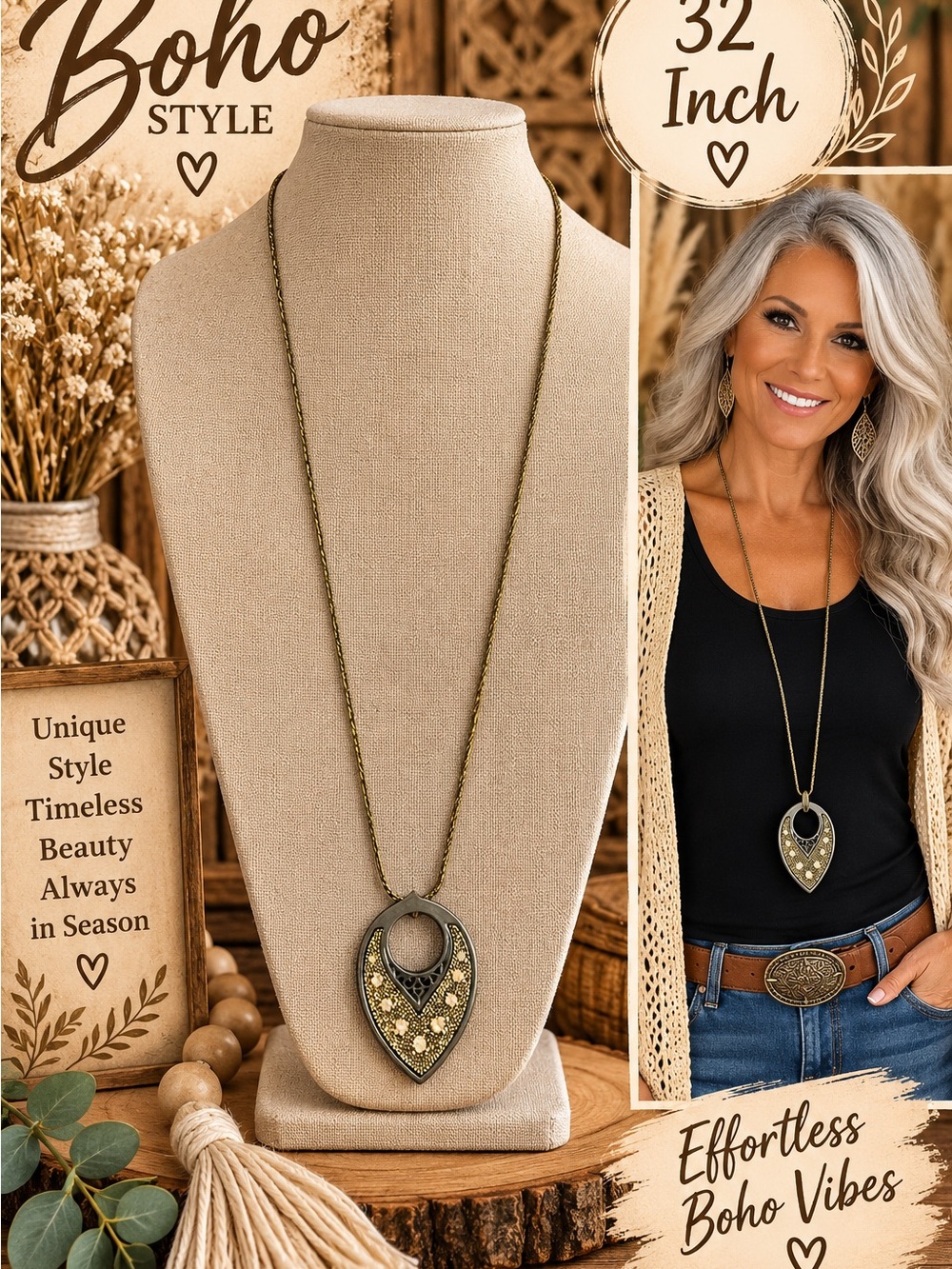 Boho Teardrop Pendant Necklace in Antique Gold Tone
